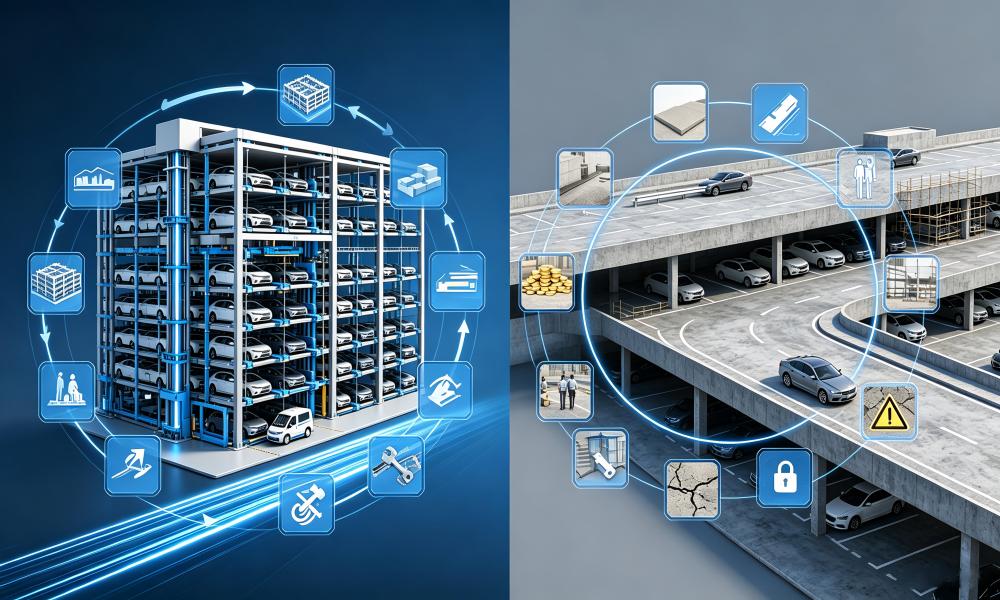Garage de stationnement intelligent à plusieurs niveaux vs. garage de stationnement en béton coulé sur place