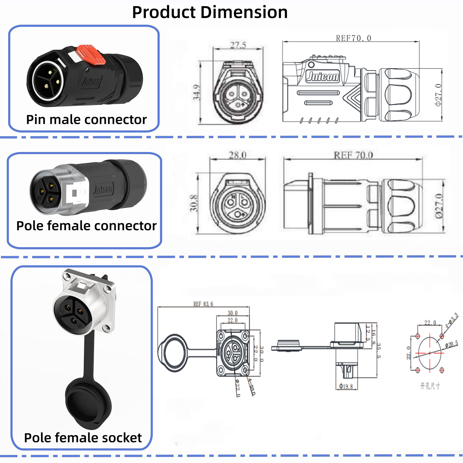 Jnicon MJ20 Power Solar IP67 Metal Socket Quick Lock Waterproof Connector (1)