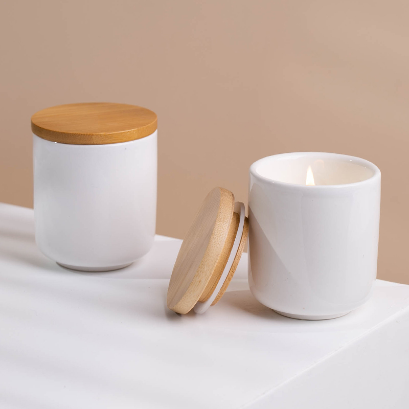 White Ceramic Candles Jar with Wooden Lids Candle Vessels