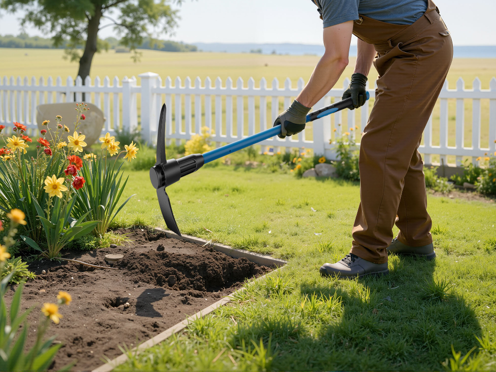 What is a pickaxe used for in gardening?