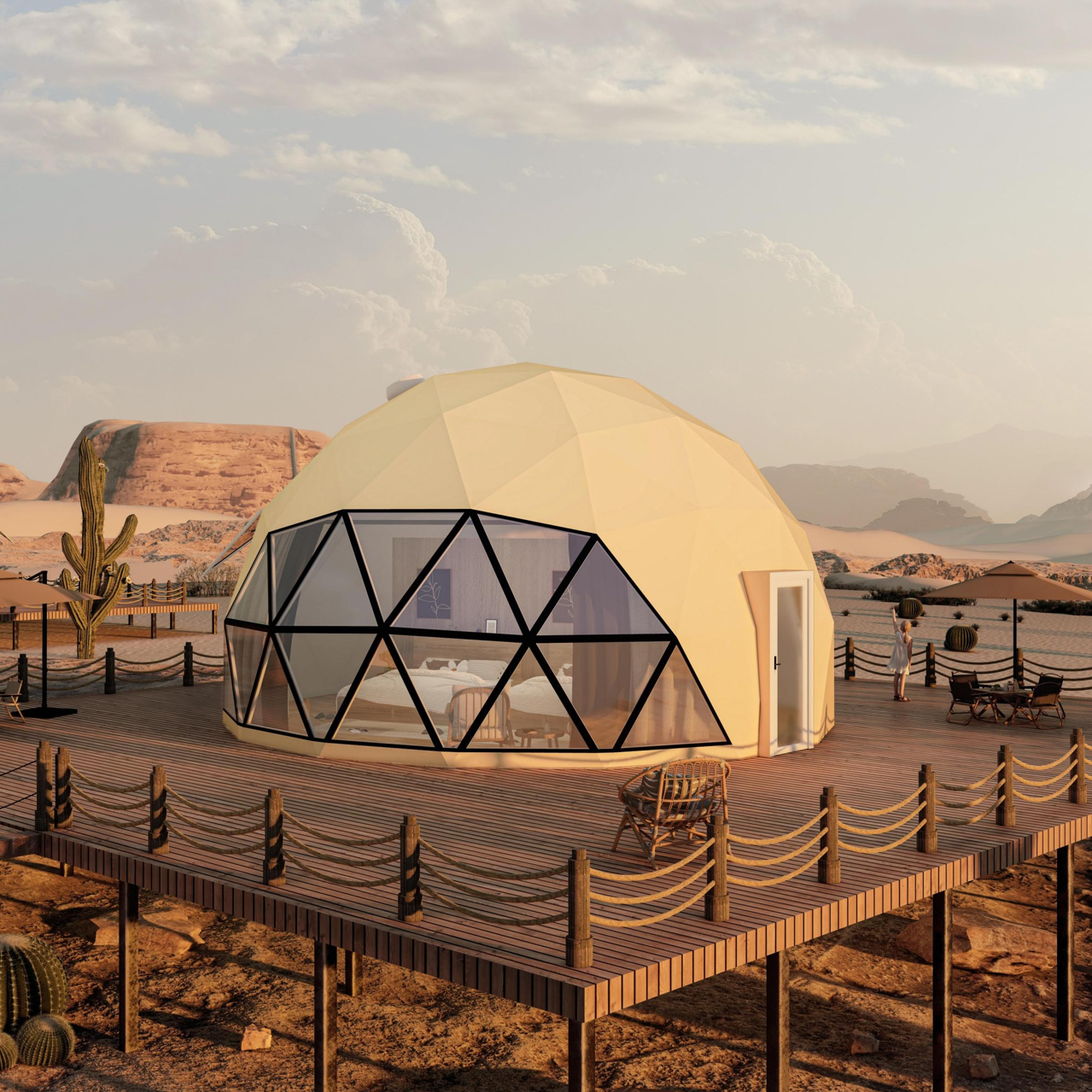 20㎡ Glamping Glass and PVC Hybrid Geodesic Dome Tent
