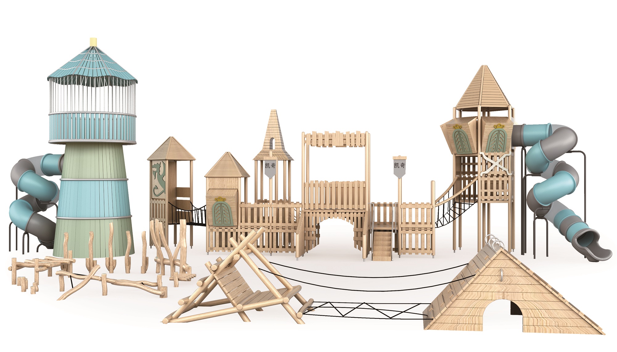 Outdoor playground with high castle tower made of solid wood in nature play for park or school
