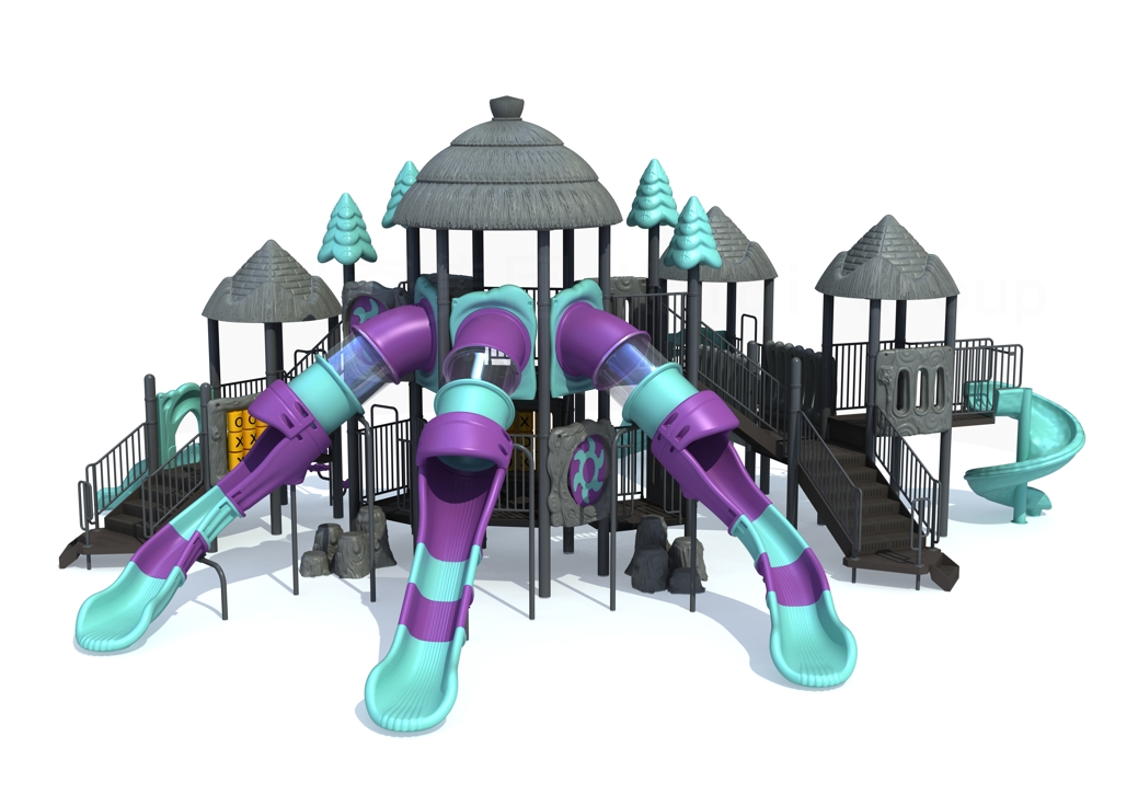 Park play equipment with high tube slides for kids to play games and interactive