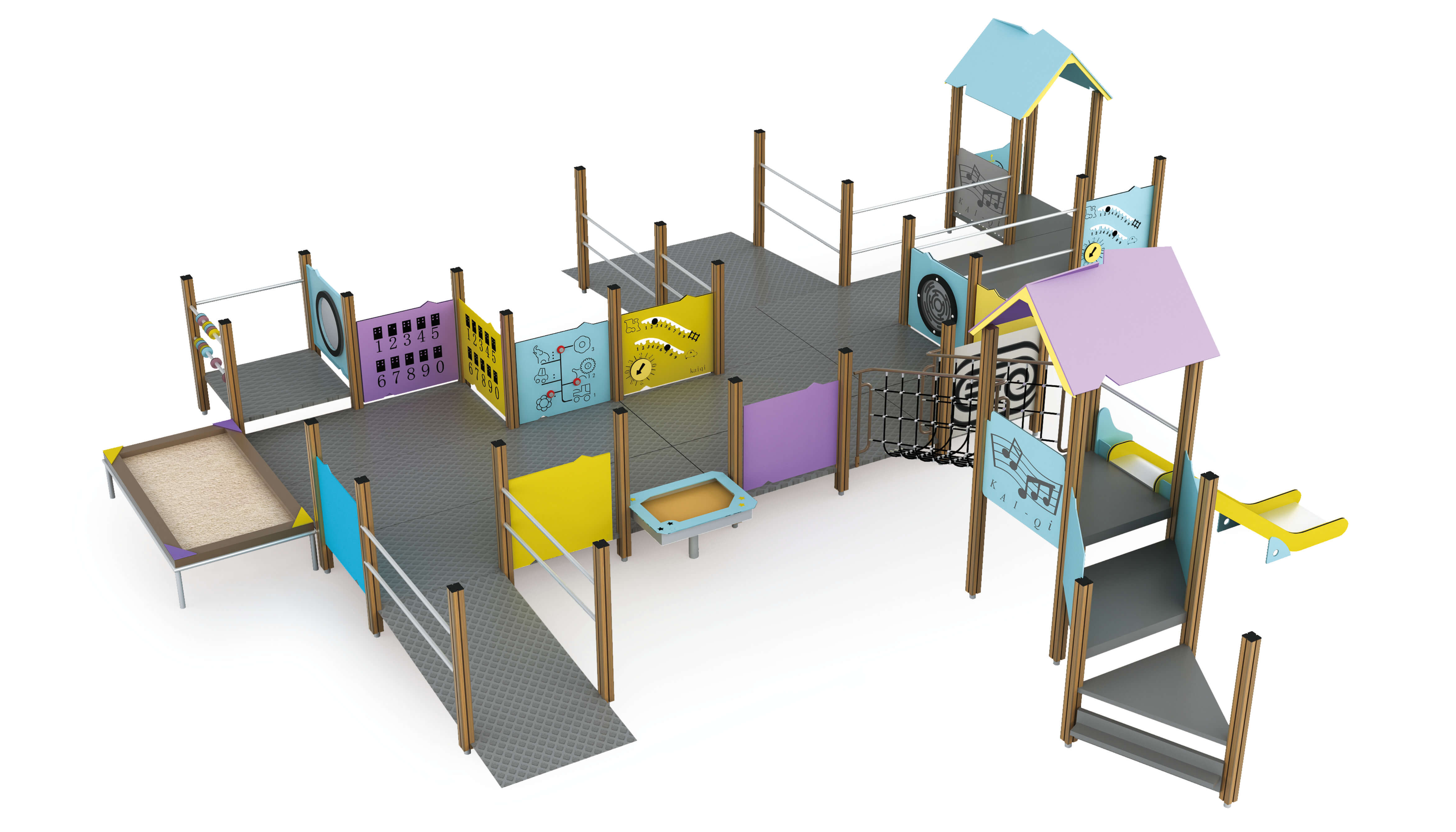 Fully accessible playground equipment with play panels and sand box for kids to play outdoor