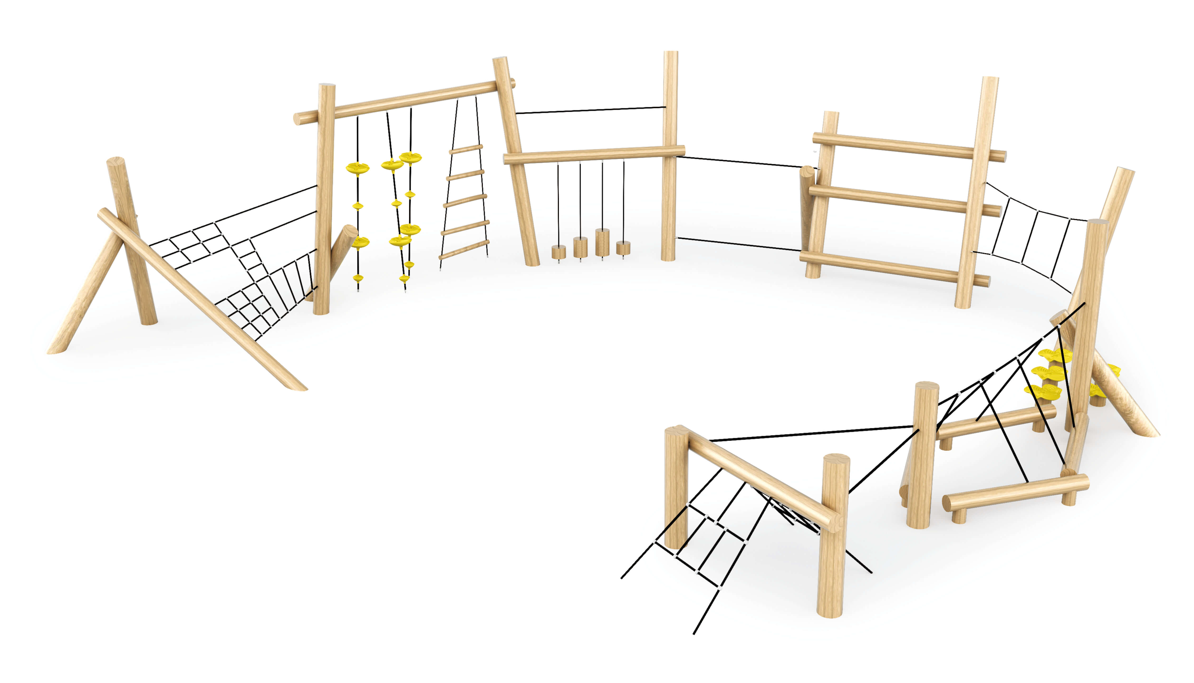 wood climbers and balance beams for kids to play in outdoor playground