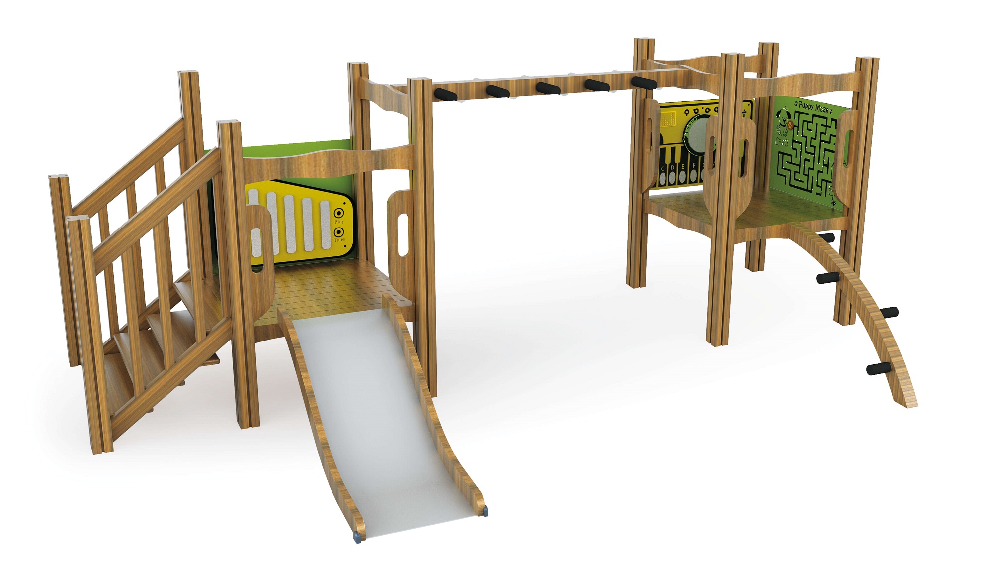 Outdoor games with climber and panels for kids to play and learn