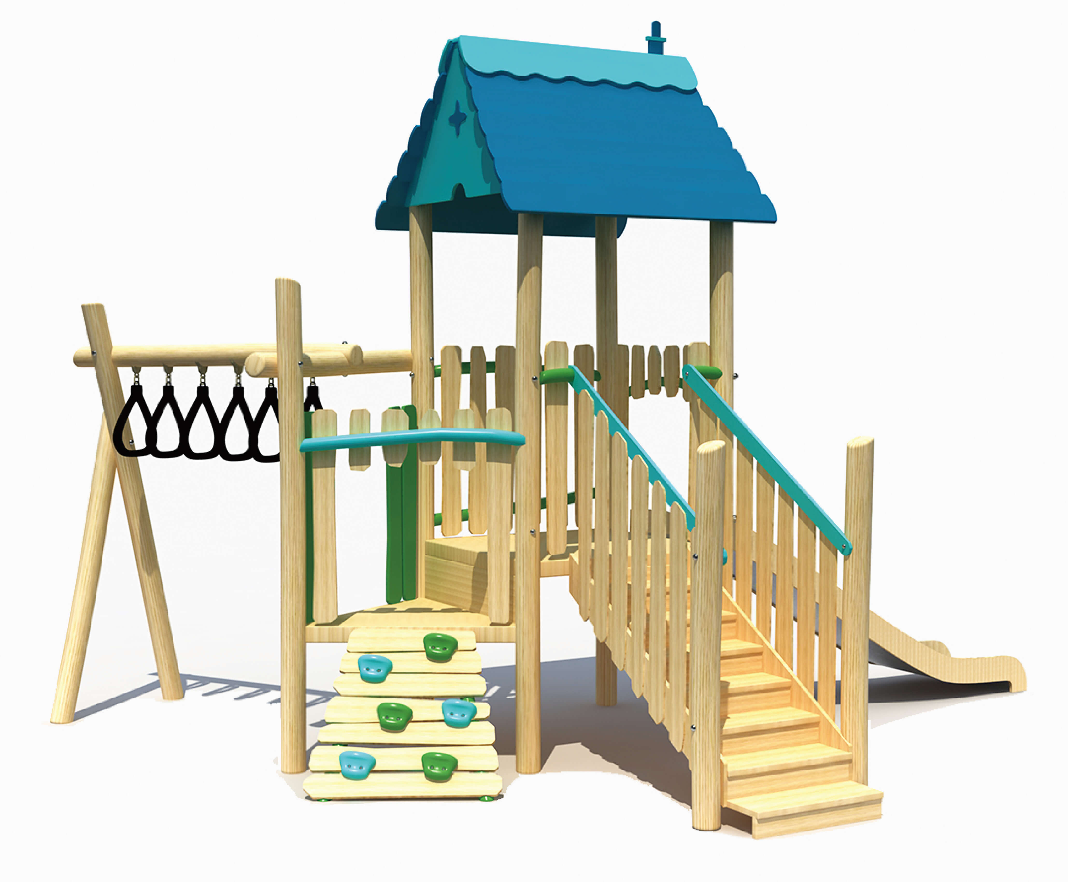 Wooden playground with slide and monkey bar