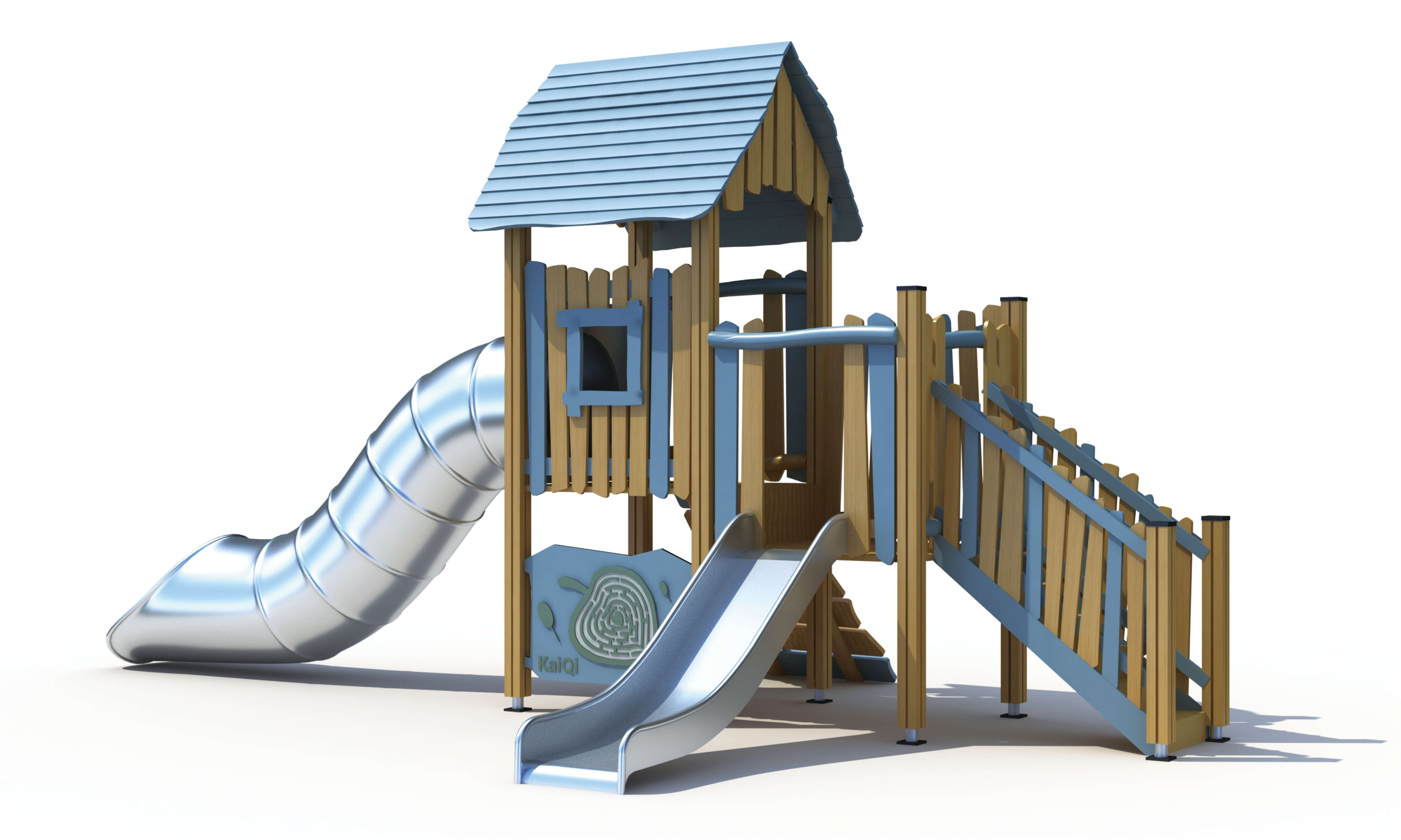 Commercial playground made of wood with stainless steel slide