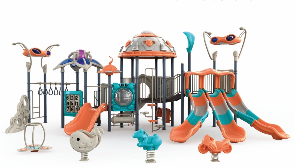 Outdoor playground in bright colors with slides and play activities for kids to play on beach