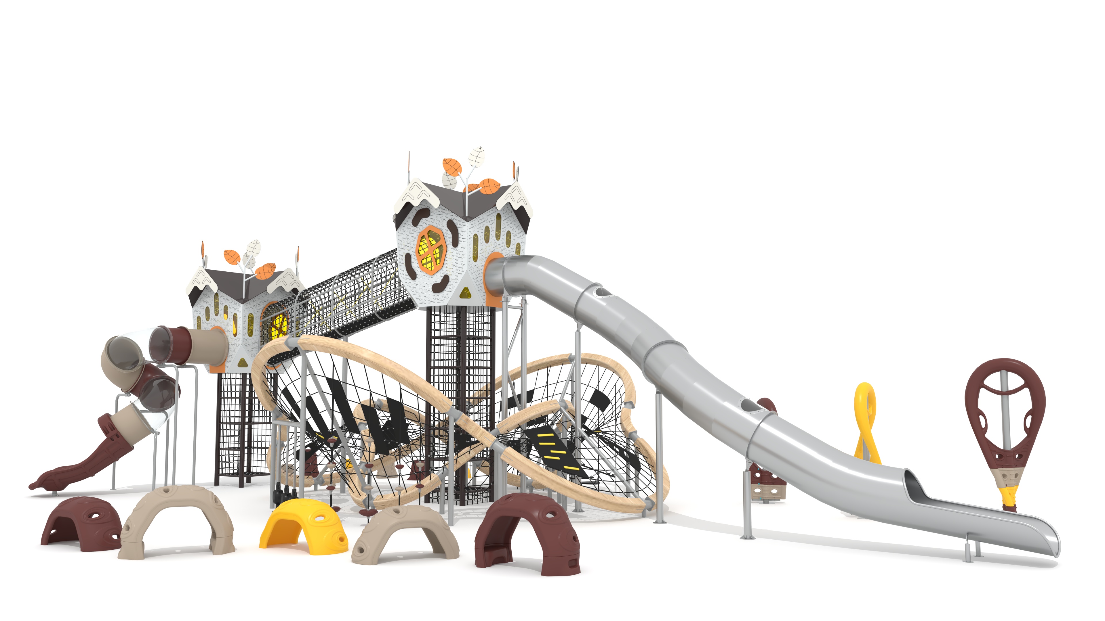 Play Equipment Tree House Climbing Net with Tube Slide and High Tower for Children to Play on Outdoor Playground