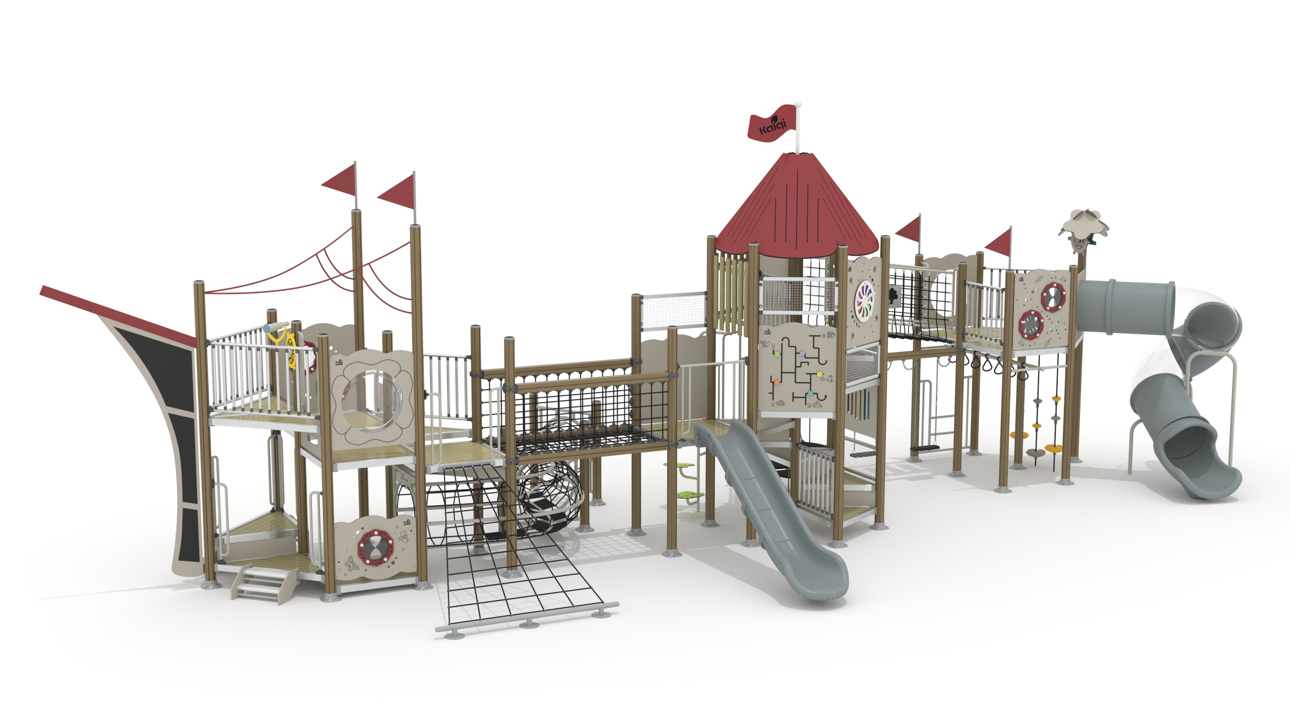 Landscape Structure Playground Equipment Pirate Ship themed with LLDPE Slide and net climber in amusement park