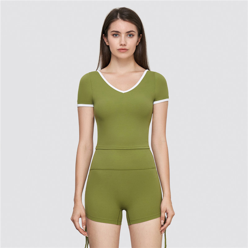 Colorblocked V-neck sports top with built-in chest pads tight fitness tennis t-shirt