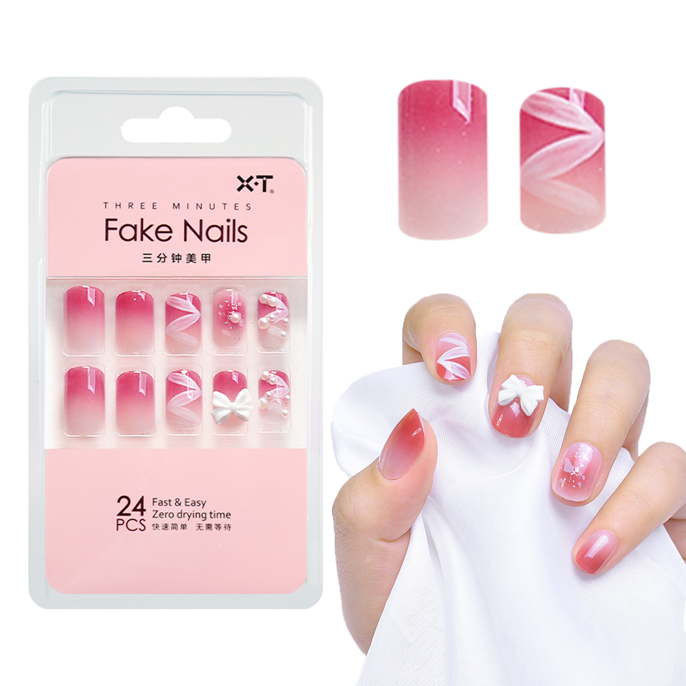 Factory Direct Pink Gradient Press-On Nails Bow & Pearl for Brands