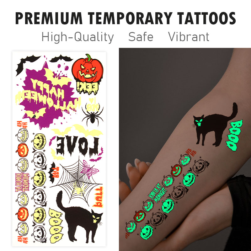 Factory Direct Halloween Glow-in-the-Dark Temporary Tattoos--Pumpkin Cat Bat Festive Designs