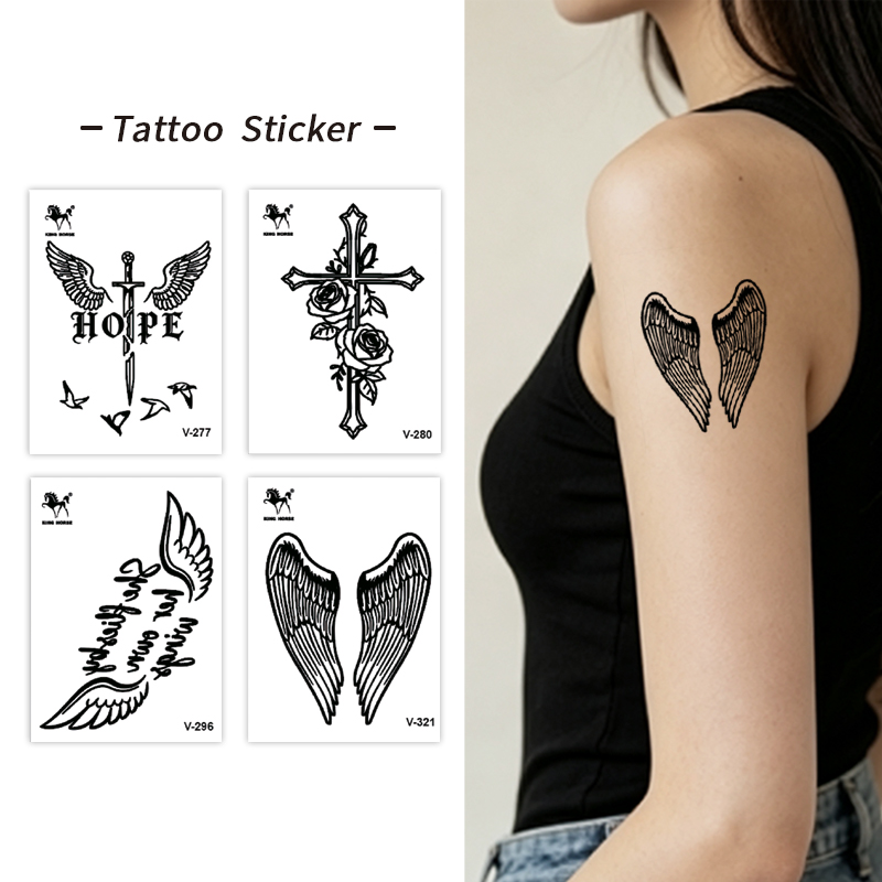 Wholesale No-Water Semi-Permanent Tattoo Sticker, Wing & Cross Gothic Design, Stylish & Long-Lasting