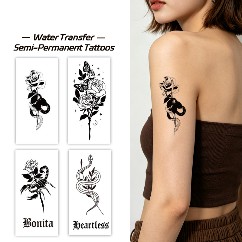B2B Water Transfer Juice Semi-Permanent Tattoo Sticker, Gothic Coiled Snake With Rose Dark Realistic Design, Realistic & Long Lasting