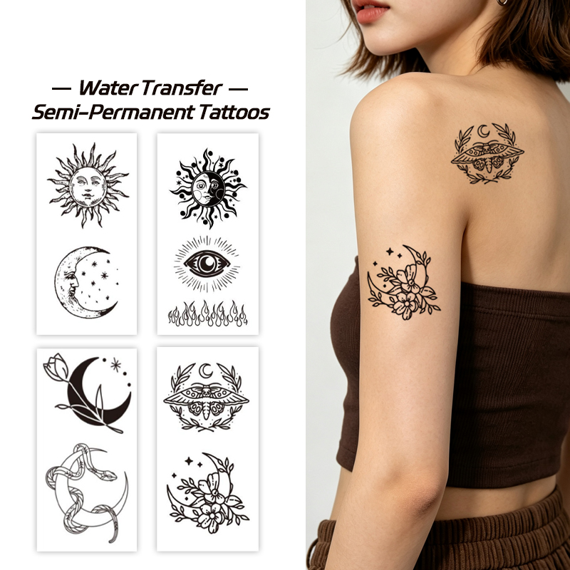 Wholesale OEM Water Transfer Juice Semi-Permanent Tattoo Sticker, Sun Moon All-Seeing Eye Moth Snake Mystical Celestial Line Design, Realistic & Long Lasting Supplies
