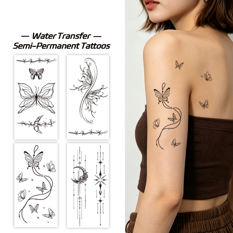 Wholesale OEM Water Transfer Juice Semi-Permanent Tattoo Sticker, Curved Swirl Butterfly Moon Thorn Minimal Line Design, Realistic & Long Lasting Supplies