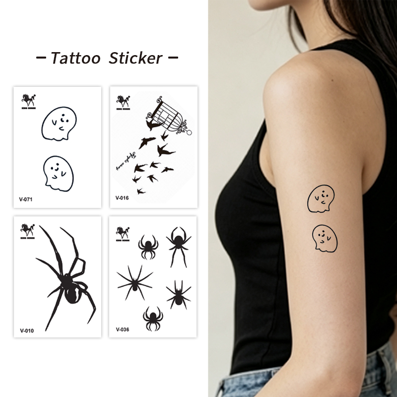 Wholesale No-Water Semi-Permanent Tattoo Sticker, Ghost & Spider Halloween Gothic Design, Eye-Catching & Durable