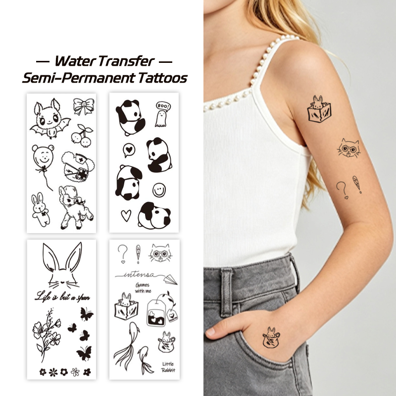 Wholesale OEM Water Transfer Juice Semi-Permanent Tattoo Sticker, Cute Cartoon Panda Rabbit Bat Hand-Drawn Doodle Kids Design, Realistic & Long Lasting Supplies