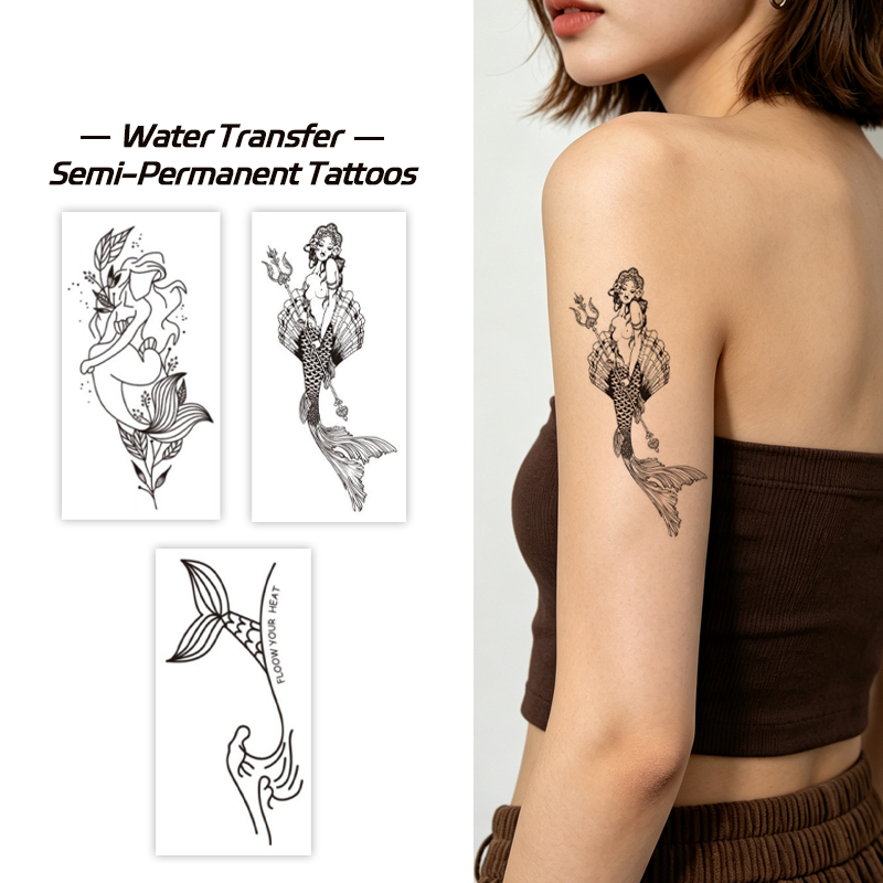 Wholesale OEM Water Transfer Juice Semi-Permanent Tattoo Sticker, Elegant Mermaid Ocean Minimal Line Art Design, Realistic & Long Lasting Supplies