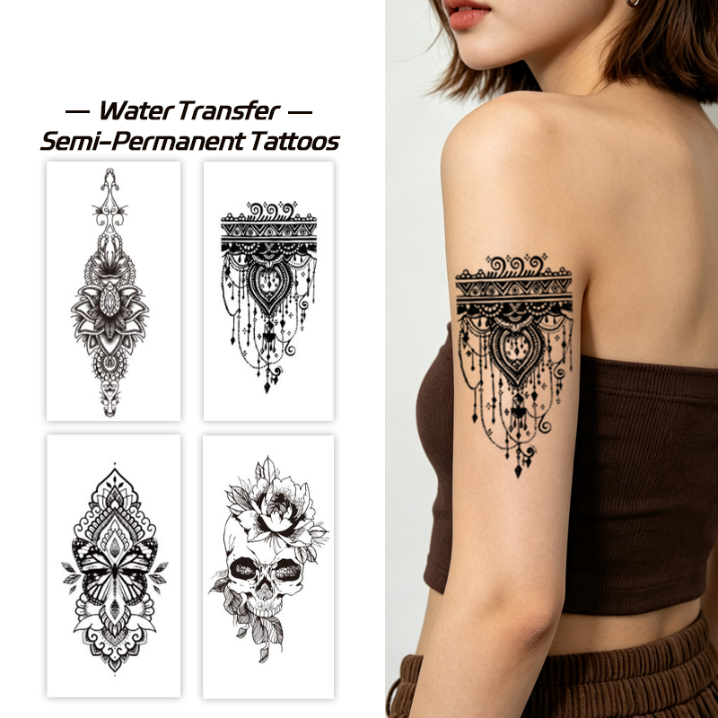 Bulk Order OEM Water Transfer Juice Semi-Permanent Tattoo Sticker, Vertical Long Stem Rose Cursive Quote Minimal Line Design, Realistic & Long Lasting Supplies