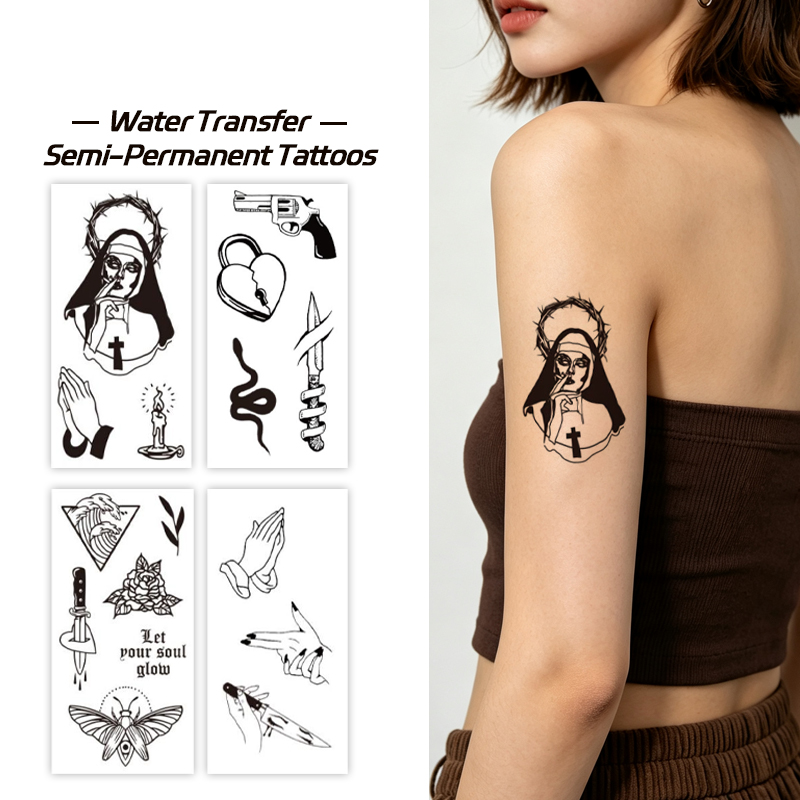 Wholesale OEM Water Transfer Juice Semi-Permanent Tattoo Sticker, Nun Prayer Gun Dagger Dark Religious Gothic Mini Design, Realistic & Long Lasting Supplies