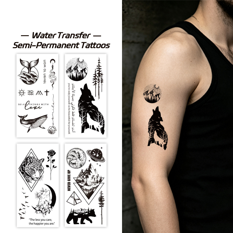 Wholesale OEM Water Transfer Juice Semi-Permanent Tattoo Sticker, Forest Wolf Mountain Leopard Wildlife Landscape Line Design, Realistic & Long Lasting Supplies