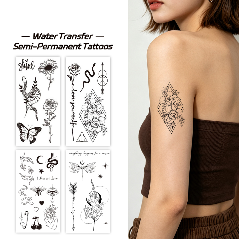 Wholesale OEM Water Transfer Juice Semi-Permanent Tattoo Sticker, Mixed Snake Butterfly Peony Minimal Gothic Floral Combo Design, Realistic & Long Lasting Supplies