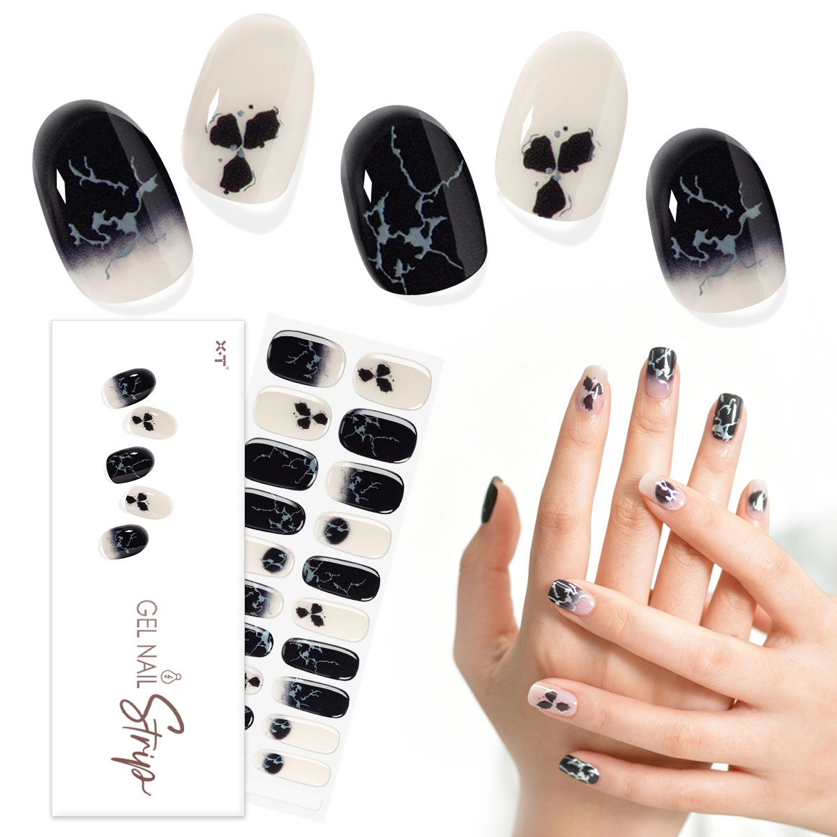 OEM Black Butterfly Marble Gradient Semi-Cured Gel Nail Strips