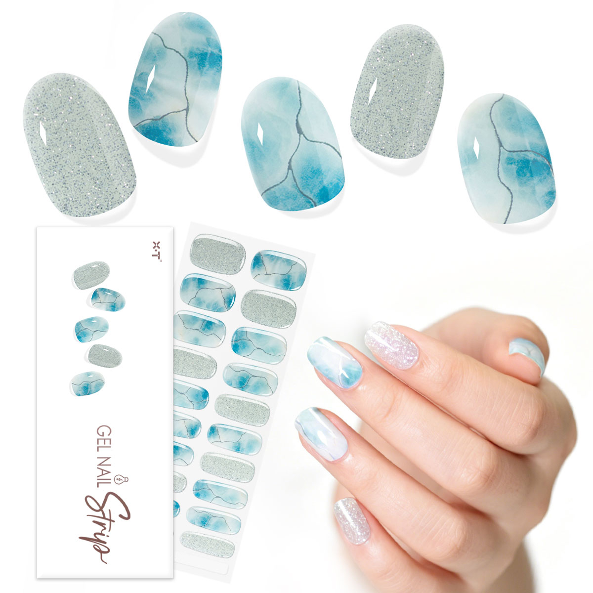 OEM Blue Water Marble Silver Glitter Mixed Semi-Cured Gel Nail Strips