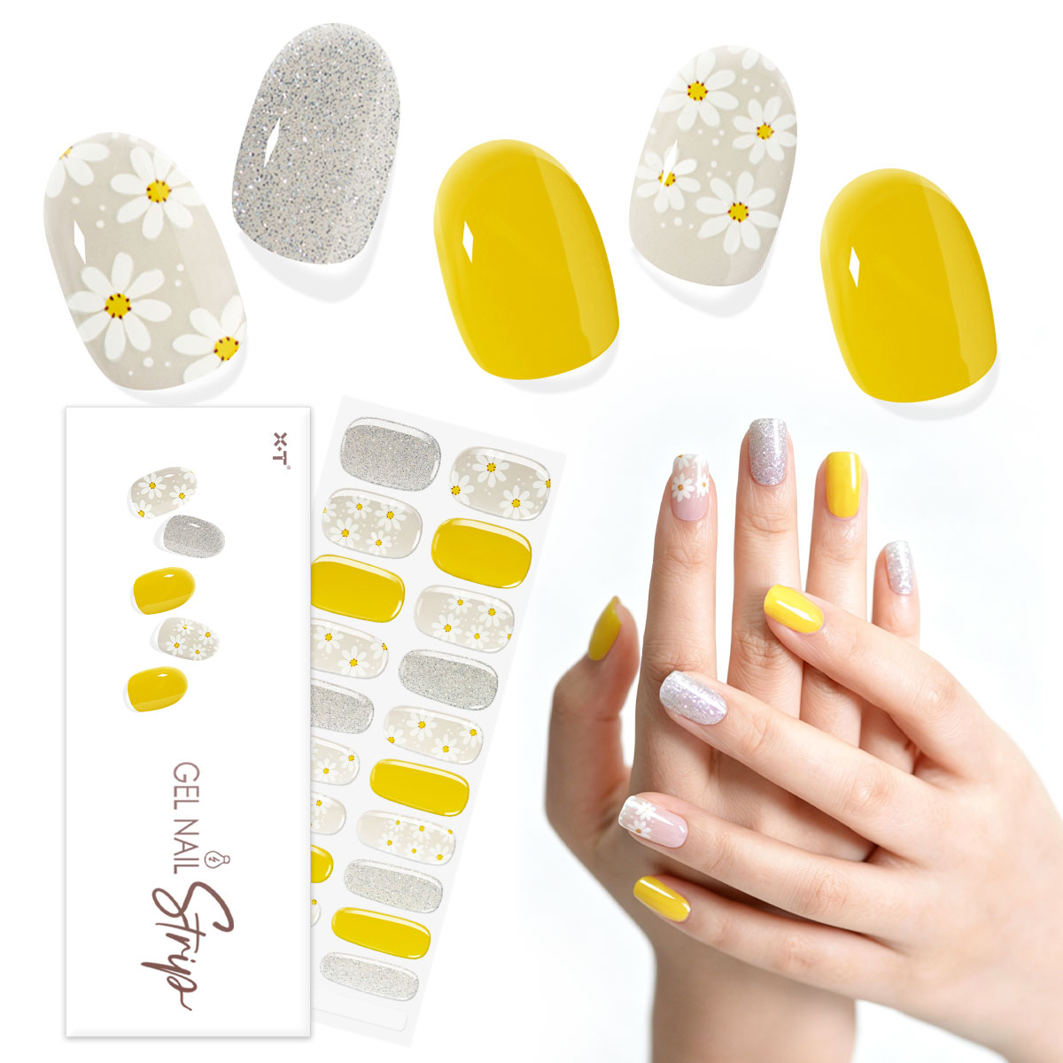 OEM China Solid Yellow Daisy Flower Silver Glitter Semi-Cured Gel Nail Strips from Reliable Suppliers & Factory
