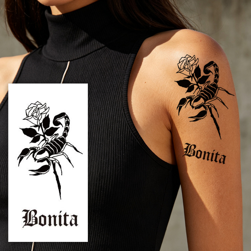 B2B Water Transfer Juice Semi-Permanent Tattoo Sticker, Gothic Coiled Snake With Rose Dark Realistic Design, Realistic & Long Lasting
