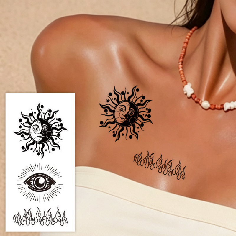 Wholesale OEM Water Transfer Juice Semi-Permanent Tattoo Sticker, Sun Moon All-Seeing Eye Moth Snake Mystical Celestial Line Design, Realistic & Long Lasting Supplies