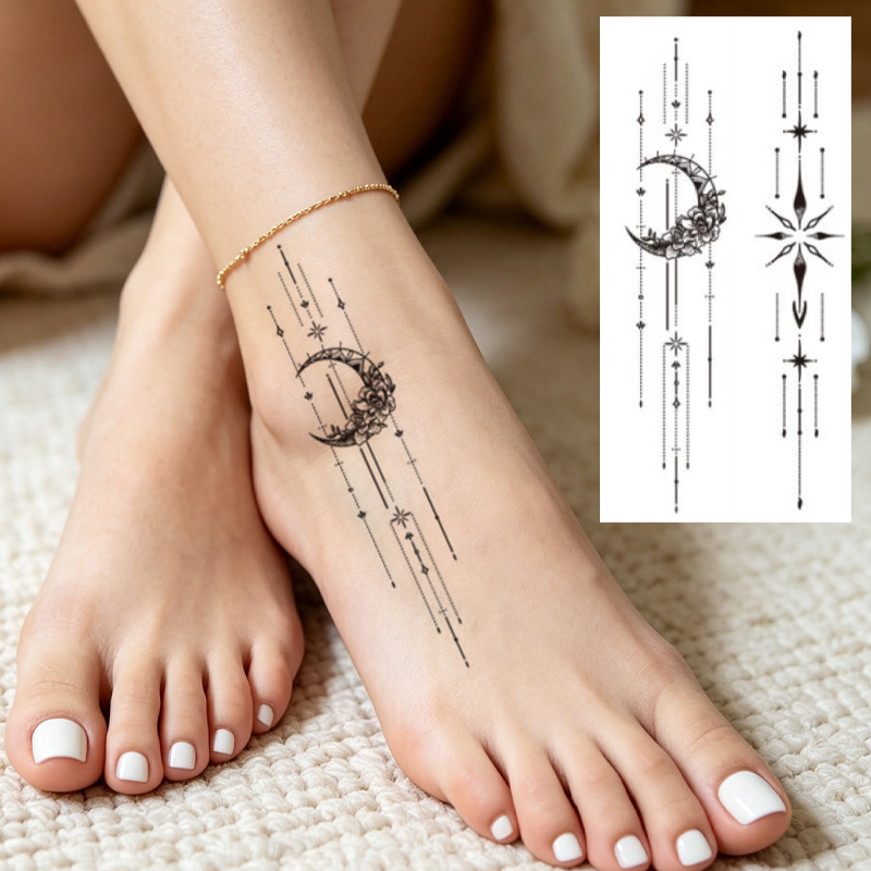 Wholesale OEM Water Transfer Juice Semi-Permanent Tattoo Sticker, Curved Swirl Butterfly Moon Thorn Minimal Line Design, Realistic & Long Lasting Supplies