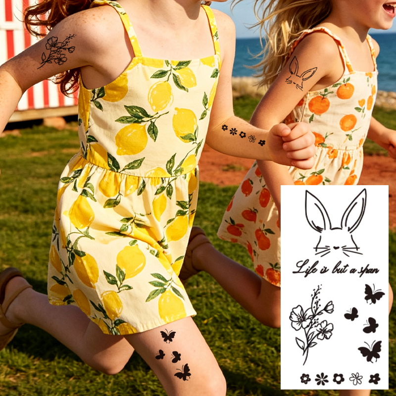 Wholesale OEM Water Transfer Juice Semi-Permanent Tattoo Sticker, Cute Cartoon Panda Rabbit Bat Hand-Drawn Doodle Kids Design, Realistic & Long Lasting Supplies