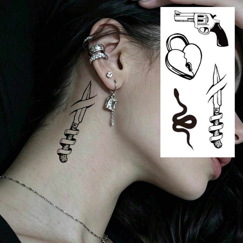 Wholesale OEM Water Transfer Juice Semi-Permanent Tattoo Sticker, Nun Prayer Gun Dagger Dark Religious Gothic Mini Design, Realistic & Long Lasting Supplies