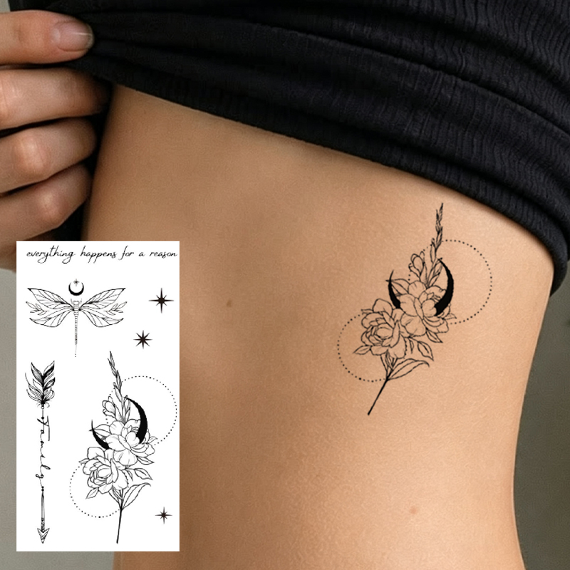 Wholesale OEM Water Transfer Juice Semi-Permanent Tattoo Sticker, Mixed Snake Butterfly Peony Minimal Gothic Floral Combo Design, Realistic & Long Lasting Supplies