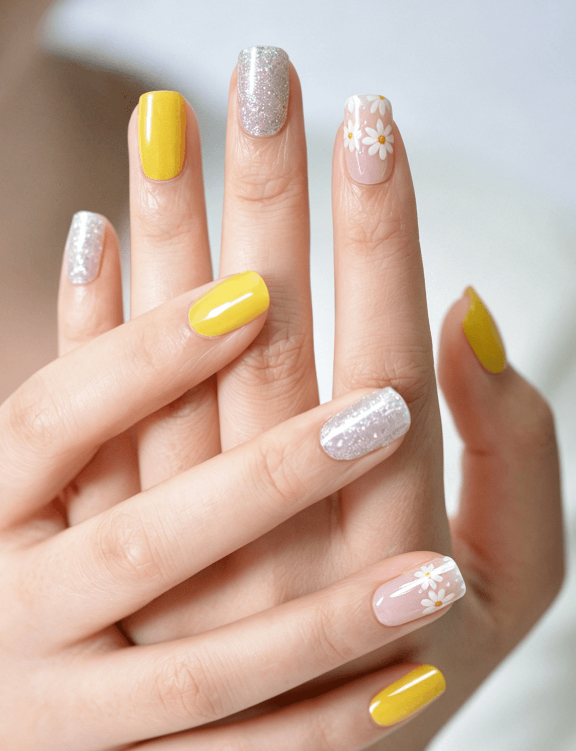 2 OEM Solid Yellow Daisy Flower Silver Glitter Mixed Semi-Cured Gel Nail Strips.png