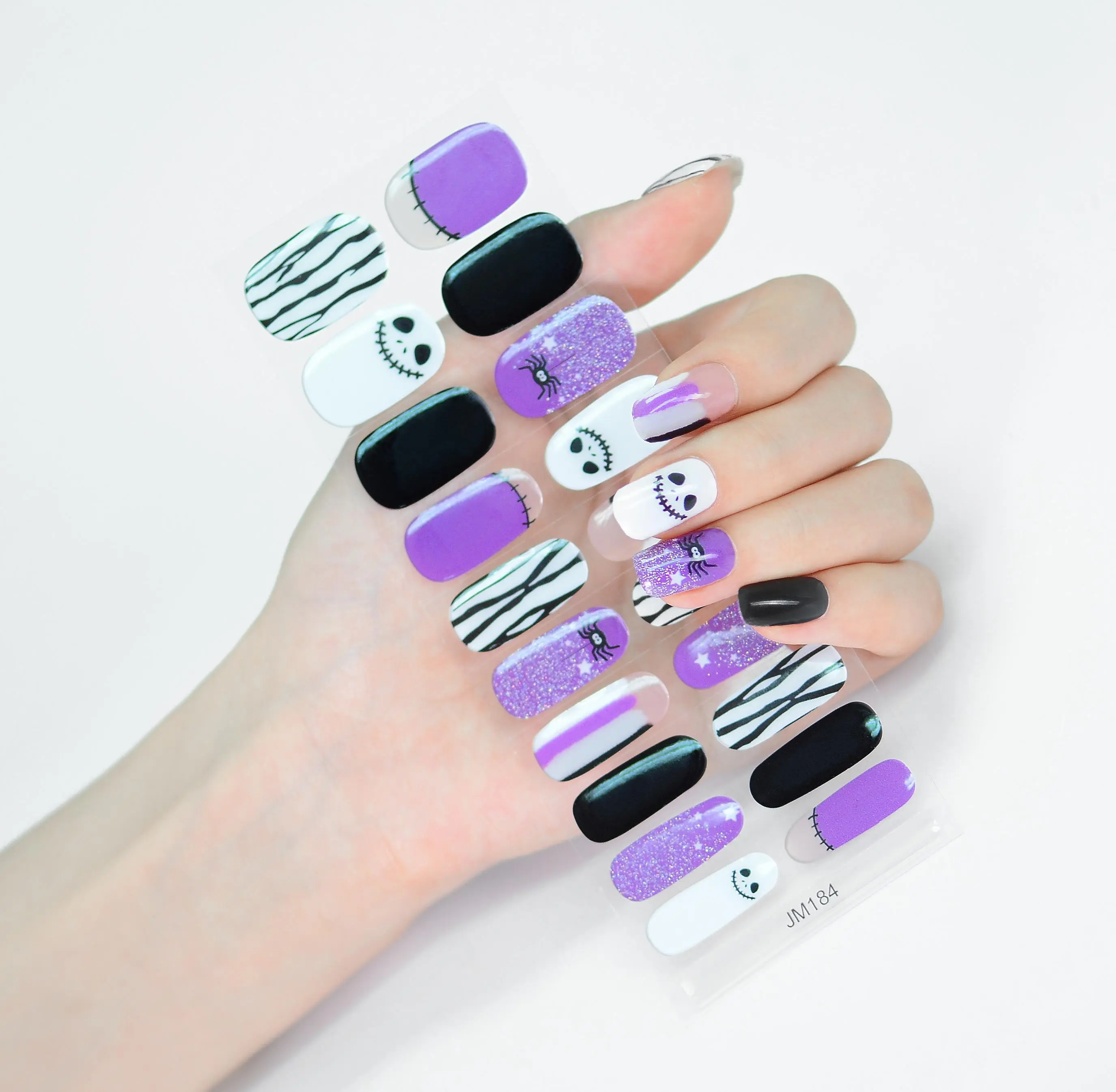 OEM Halloween Skull Spider Zebra Stripe Purple Glitter Semi-Cured Gel Nail Strips