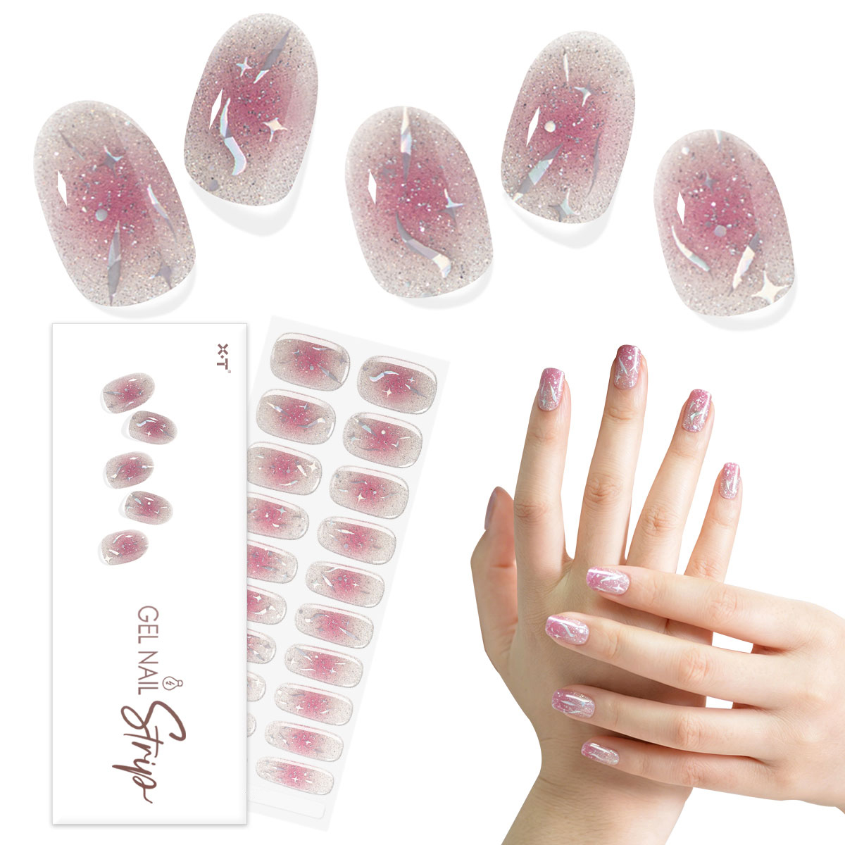 OEM Pink Gradient Iridescent Star Glitter Semi-Cured Gel Nail Strips