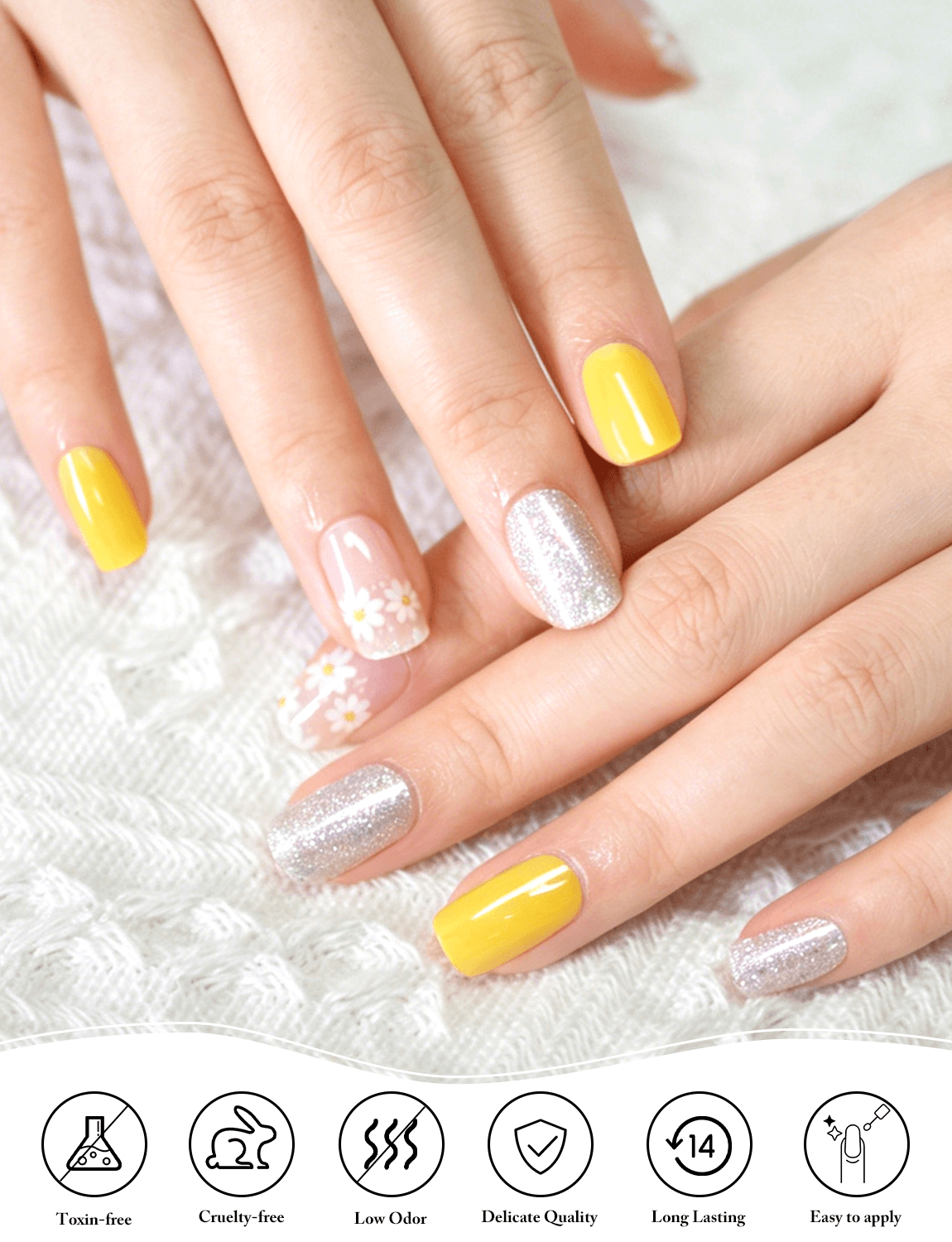 4 OEM Solid Yellow Daisy Flower Silver Glitter Mixed Semi-Cured Gel Nail Strips.png