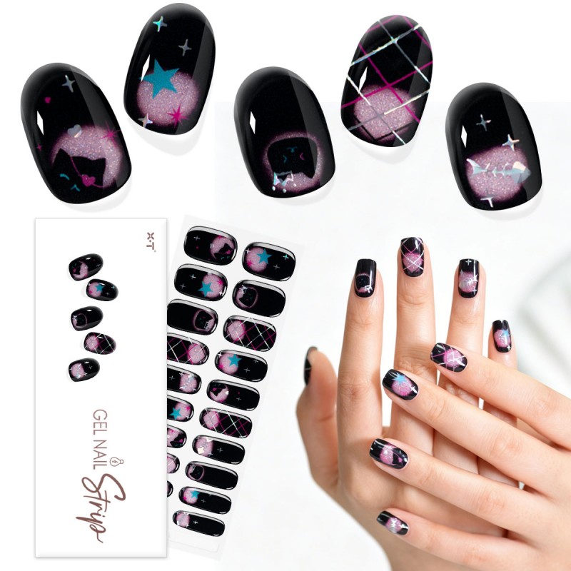 OEM Black Base Cartoon Cat Star Glitter Semi-Cured Gel Nail Strips