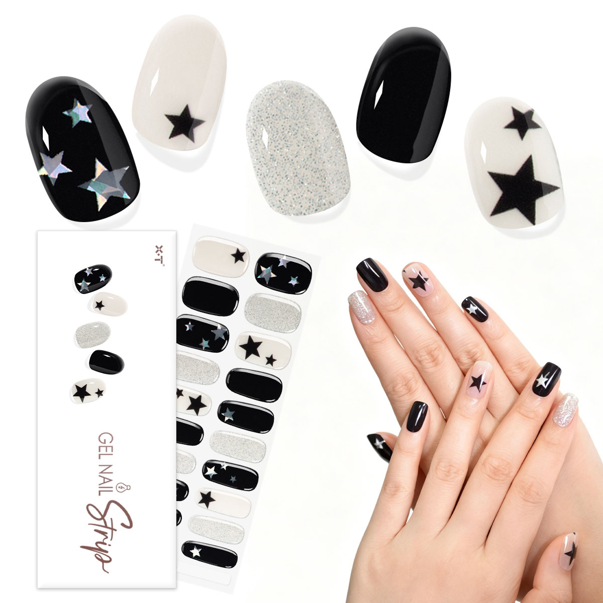 OEM Black White Star Silver Glitter Mixed Semi-Cured Gel Nail Strips