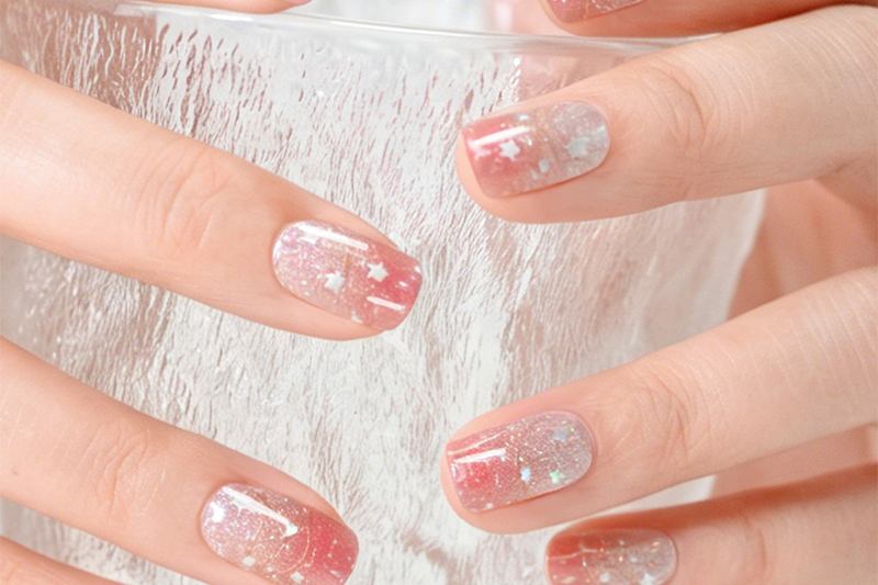 OEM Pink Glitter Star Gradient Semi-Cured Gel Nail Strips (1)