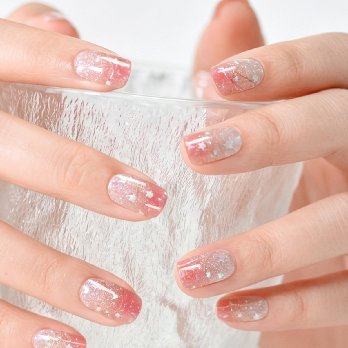OEM Pink Glitter Star Gradient Semi-Cured Gel Nail Strips