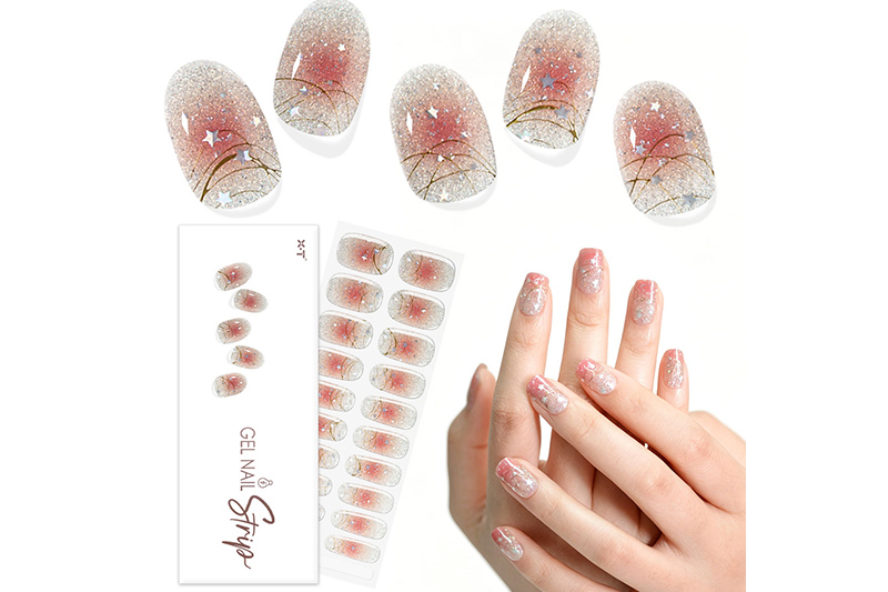 OEM Pink Glitter Star Gradient Semi-Cured Gel Nail Strips (3)