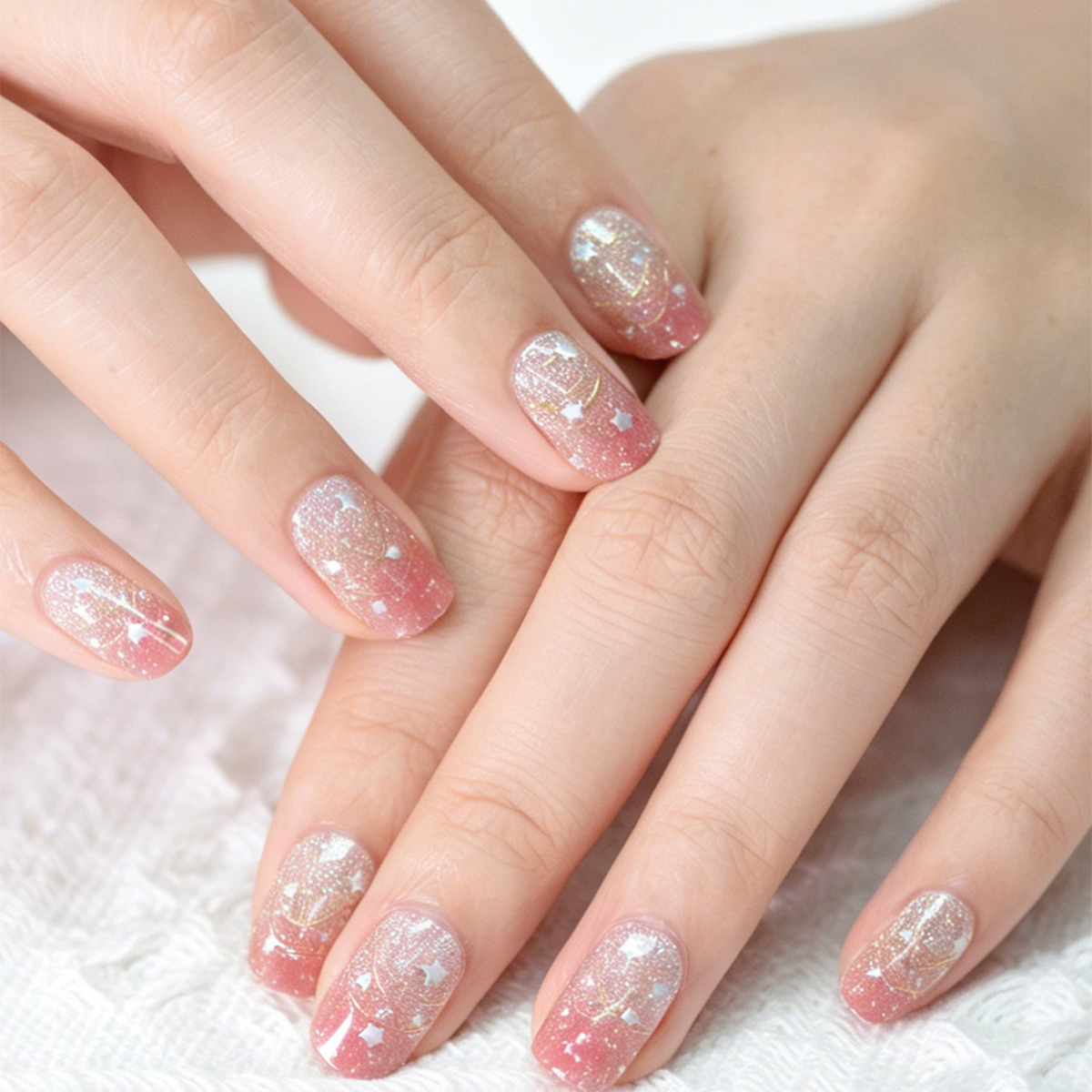 OEM Pink Glitter Star Gradient Semi-Cured Gel Nail Strips