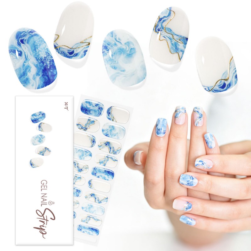 OEM Blue Marble Swirl Gold Foil Semi-Cured Gel Nail Strips