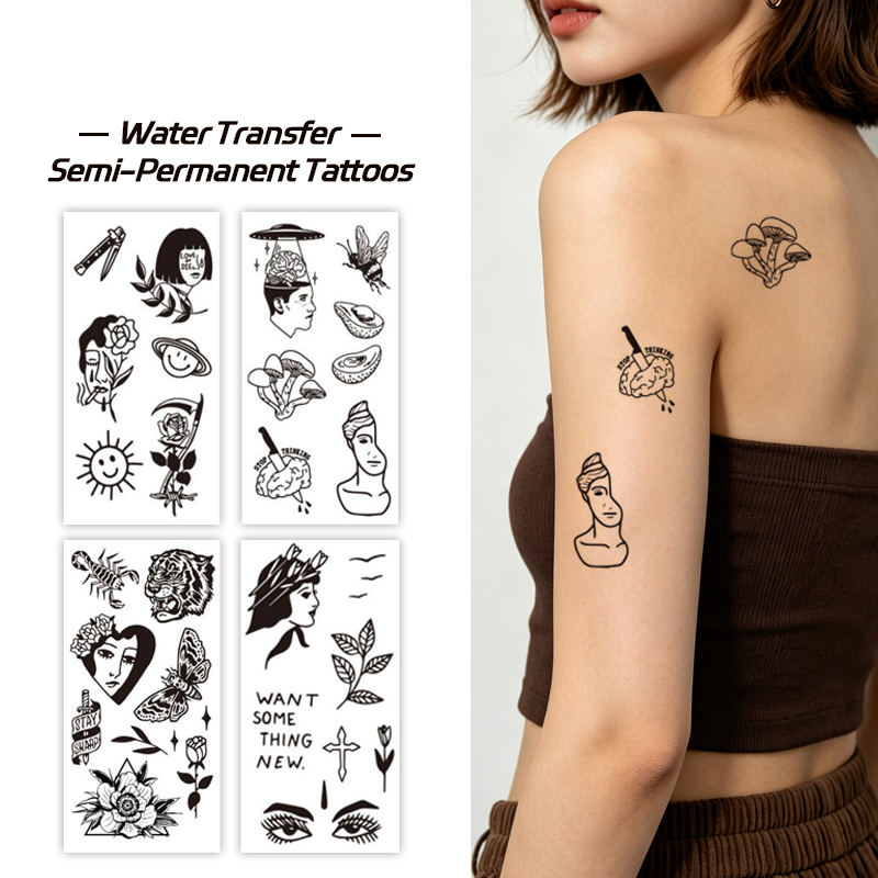 Wholesale OEM B2B Water Transfer Juice Semi-Permanent Tattoo Sticker, Gothic Surreal Portrait Tiger Scorpion Mushroom Old School Sketch Design, Realistic & Long Lasting Bulk Order Factory supplies